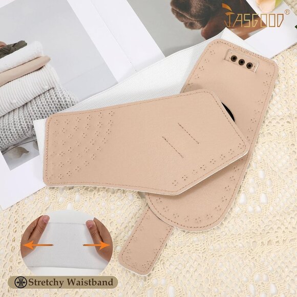 Women Vintage Wide Elastic Studded Stretchy Waist Belt Rivets Metal Buckle White